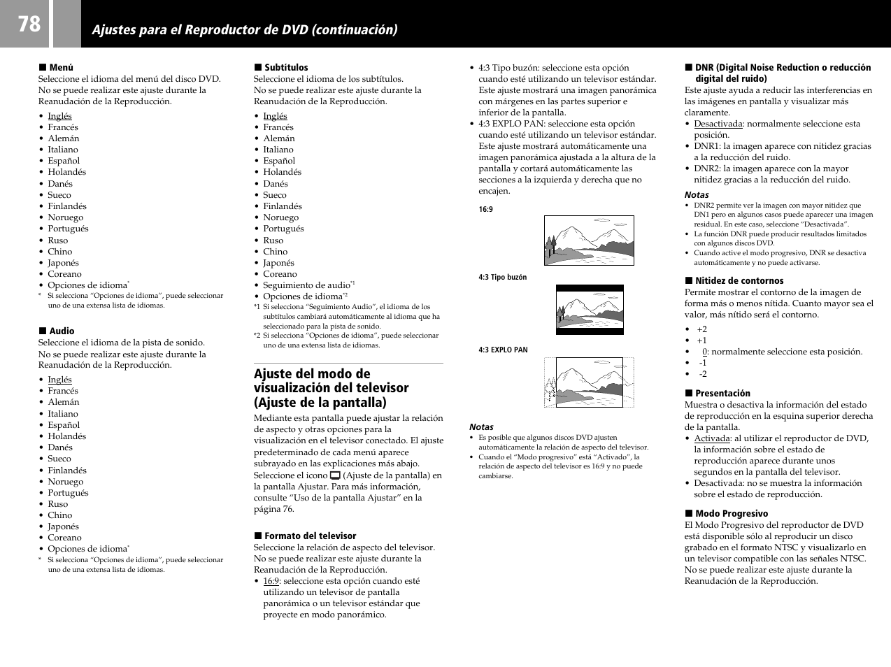 Ajustes para el reproductor de dvd (continuación) | Sony SCPH-50004 SS User Manual | Page 78 / 116