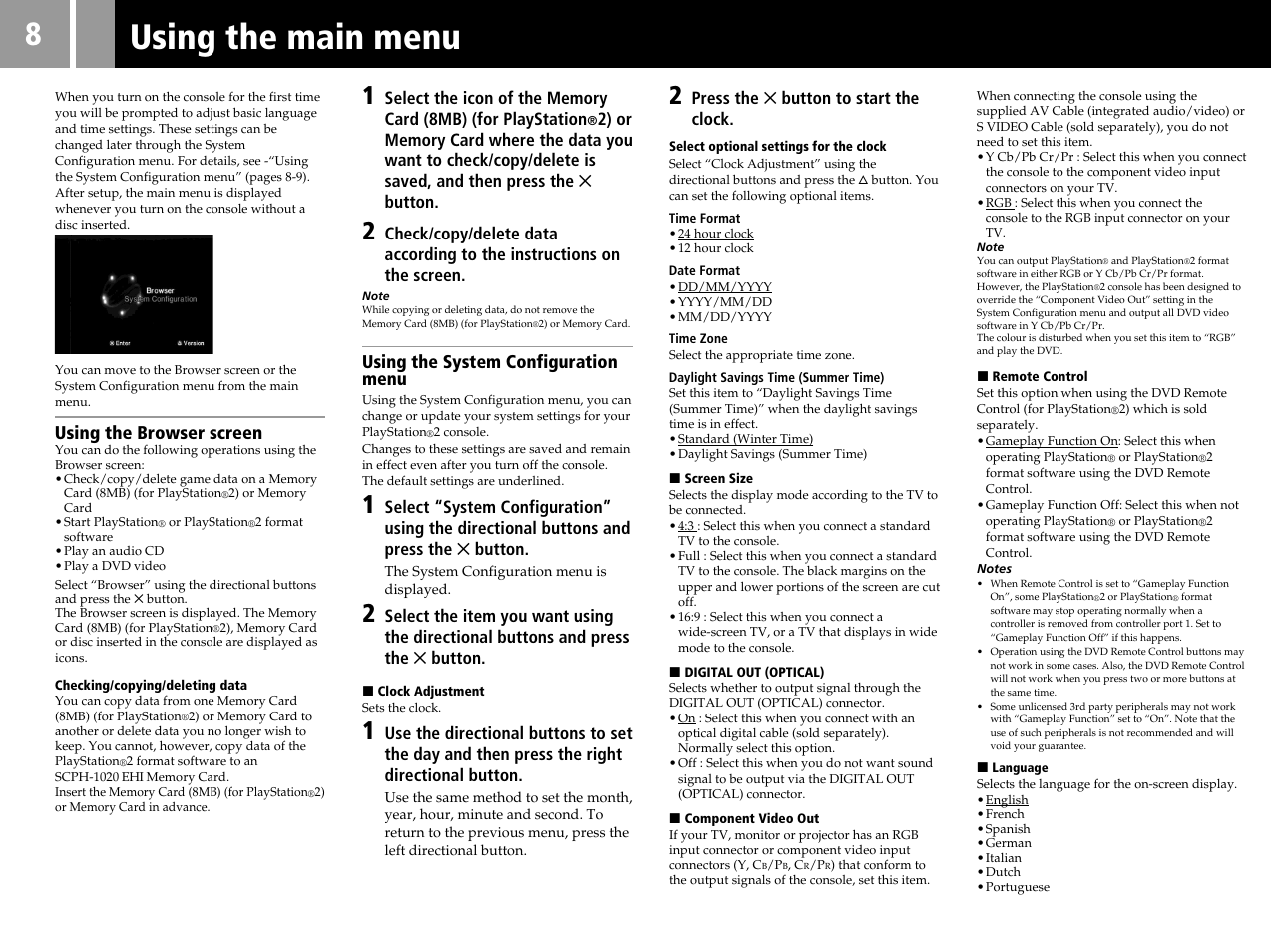 Using the main menu | Sony SCPH-50004 SS User Manual | Page 8 / 116