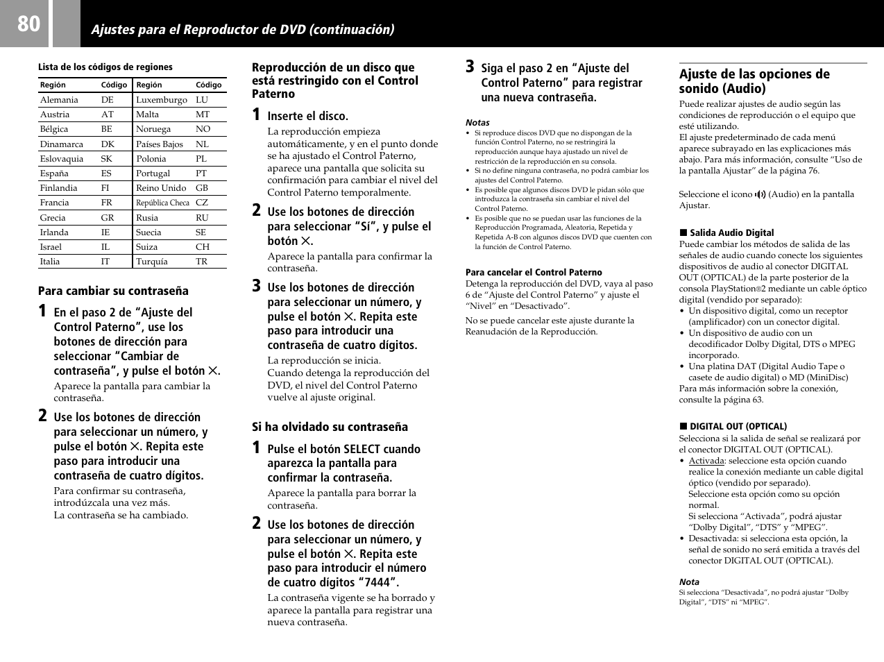 Ajuste de las opciones de sonido (audio), Ajustes para el reproductor de dvd (continuación) | Sony SCPH-50004 SS User Manual | Page 80 / 116