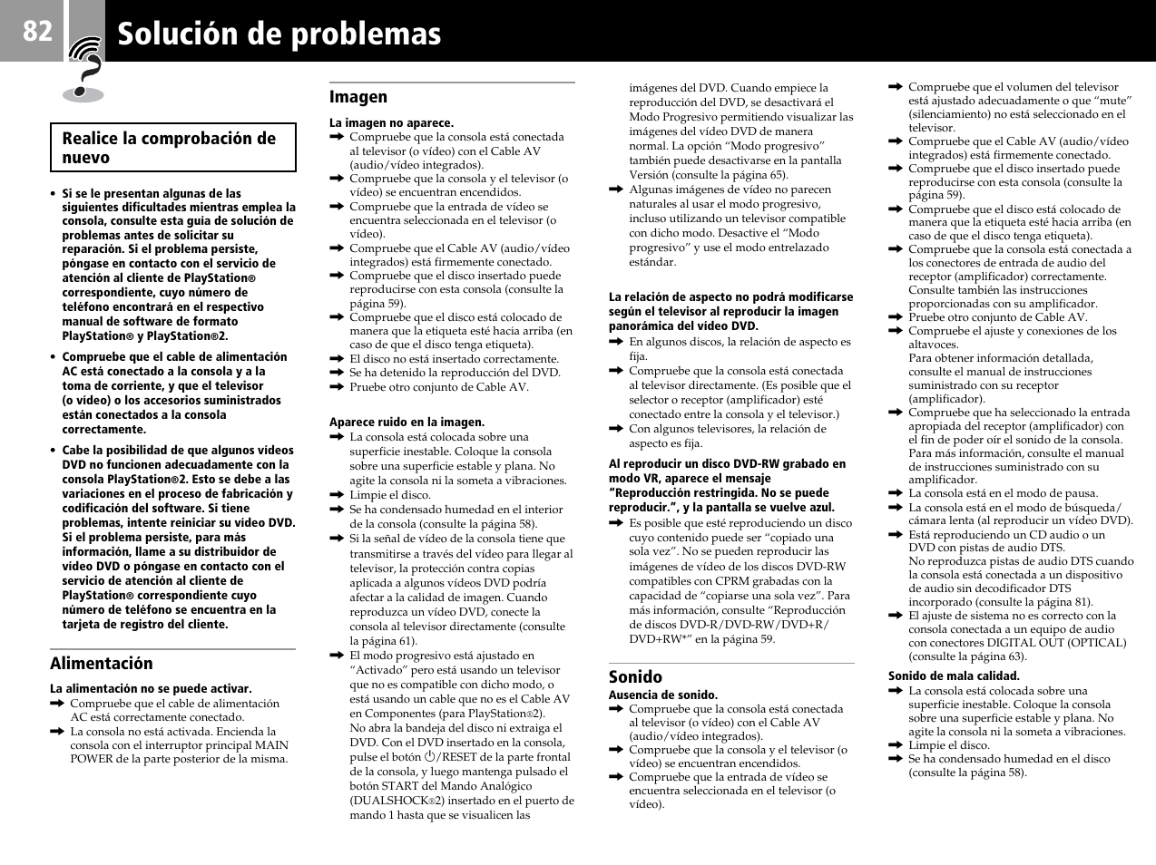 Solución de problemas, Realice la comprobación de nuevo, Alimentación | Imagen, Sonido | Sony SCPH-50004 SS User Manual | Page 82 / 116