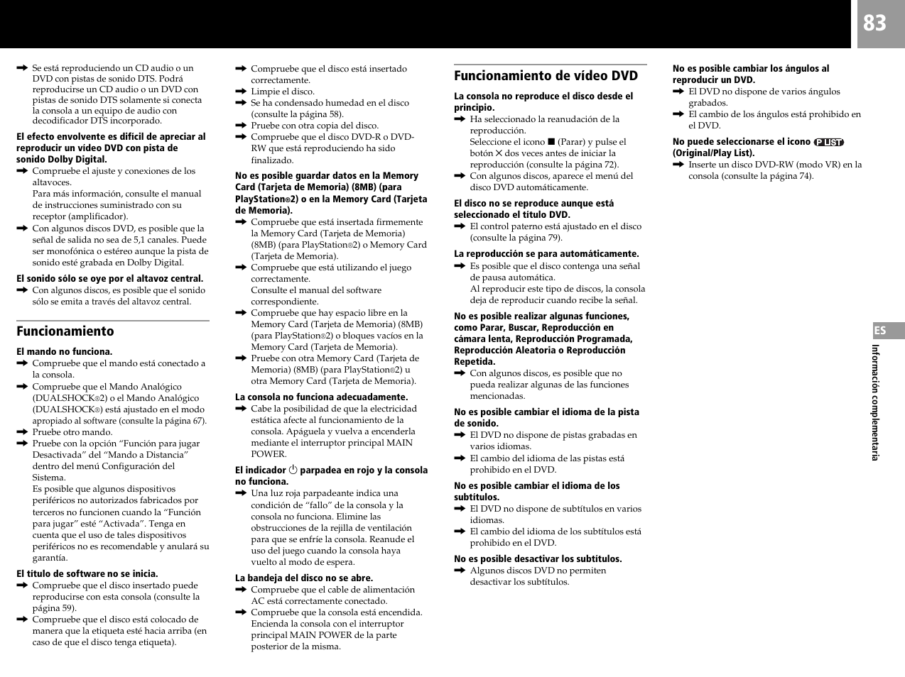 Funcionamiento, Funcionamiento de vídeo dvd | Sony SCPH-50004 SS User Manual | Page 83 / 116