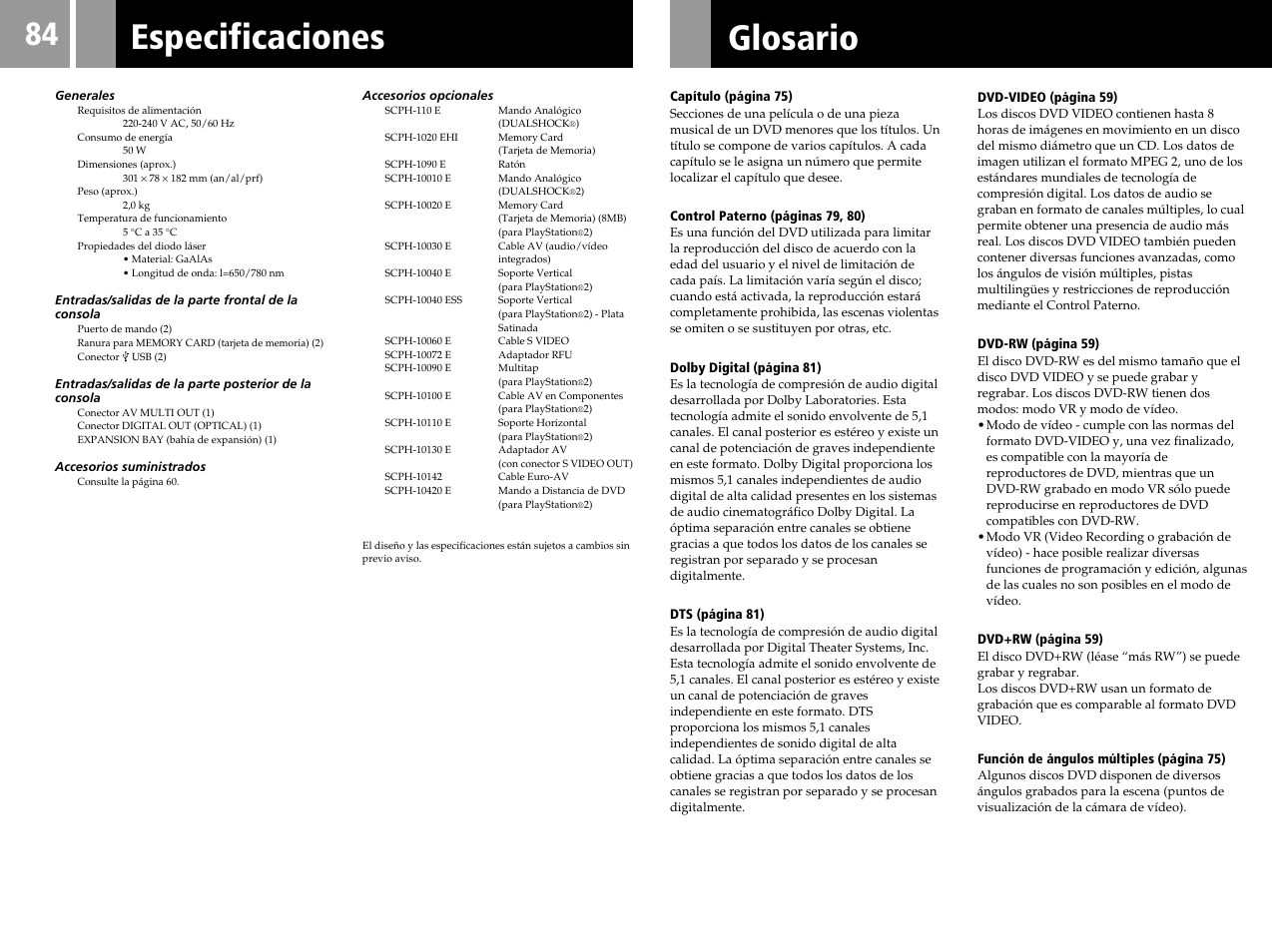 Especificaciones, Glosario | Sony SCPH-50004 SS User Manual | Page 84 / 116