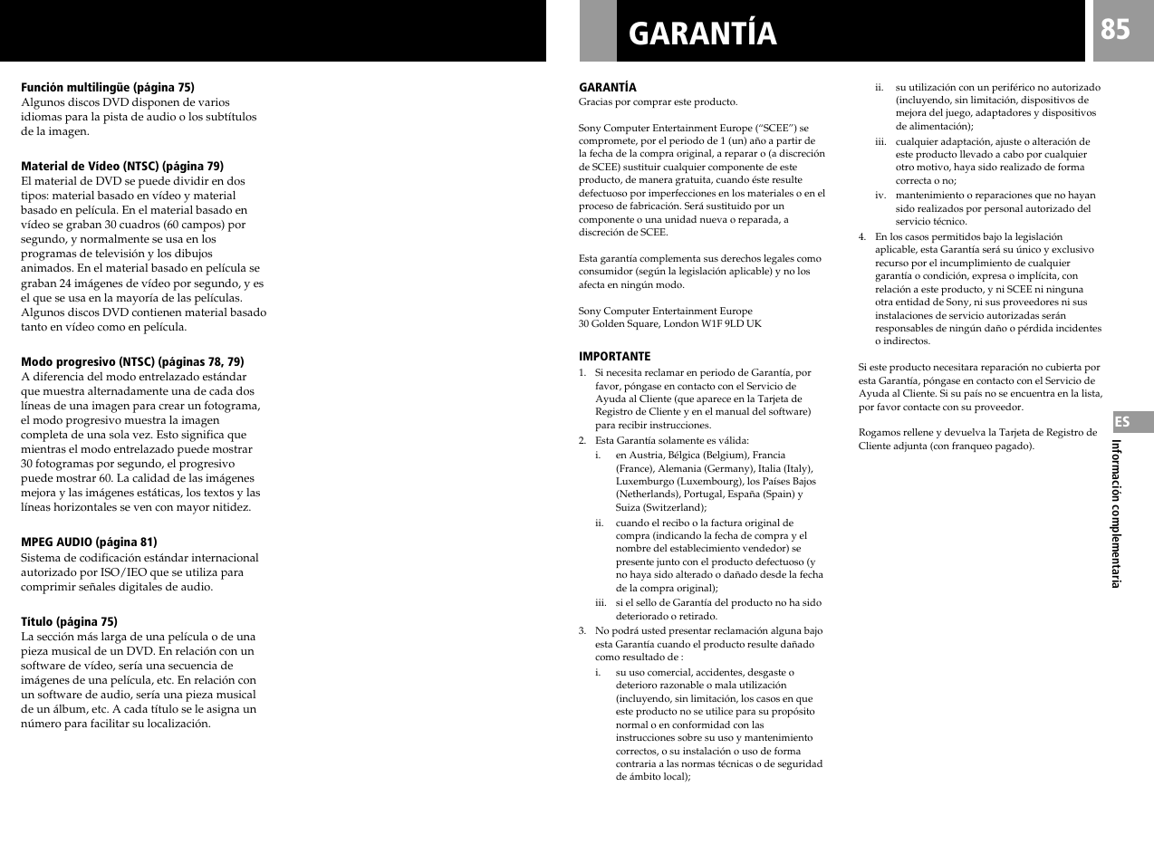 Garantía | Sony SCPH-50004 SS User Manual | Page 85 / 116