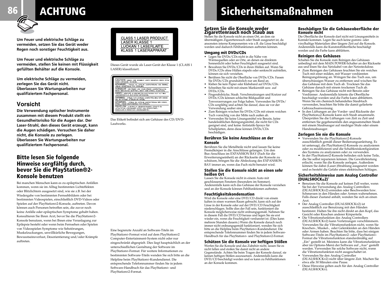 Achtung sicherheitsmaßnahmen, Vorsicht | Sony SCPH-50004 SS User Manual | Page 86 / 116