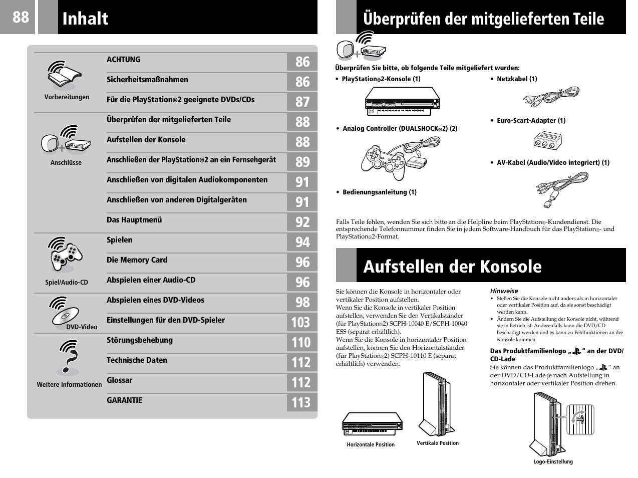 Inhalt, Aufstellen der konsole, Überprüfen der mitgelieferten teile | Sony SCPH-50004 SS User Manual | Page 88 / 116