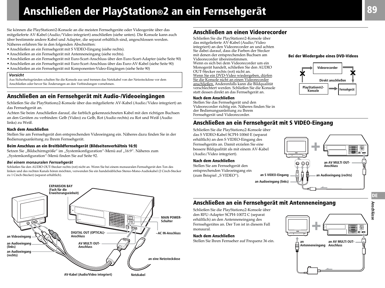 Anschließen der playstation, 2 an ein fernsehgerät, Anschließen an einen videorecorder | Sony SCPH-50004 SS User Manual | Page 89 / 116