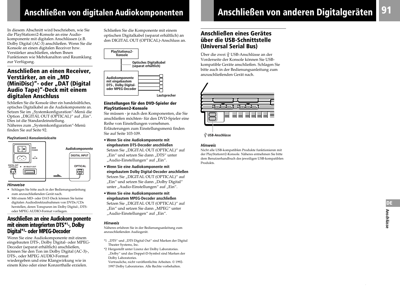 Anschließen von anderen digitalgeräten, Anschließen von digitalen audiokomponenten, Dolby digital | Oder mpeg-decoder | Sony SCPH-50004 SS User Manual | Page 91 / 116