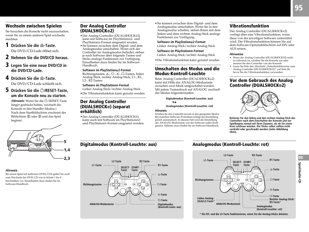 Wechseln zwischen spielen, Der analog controller (dualshock, Separat erhältlich) | Vibrationsfunktion, Vor dem gebrauch des analog controller (dualshock | Sony SCPH-50004 SS User Manual | Page 95 / 116