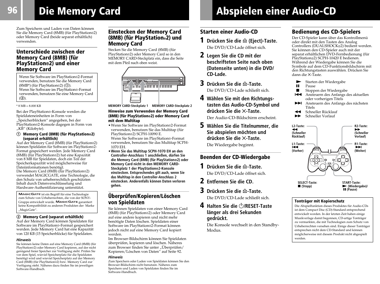 Abspielen einer audio-cd, Überprüfen/kopieren/löschen von spieldaten, Starten einer audio-cd | Beenden der cd-wiedergabe, Bedienung des cd-spielers | Sony SCPH-50004 SS User Manual | Page 96 / 116