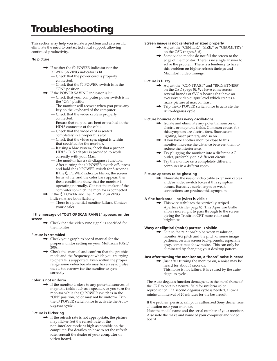 Troubleshooting | Sony CPD-100SFT User Manual | Page 10 / 44