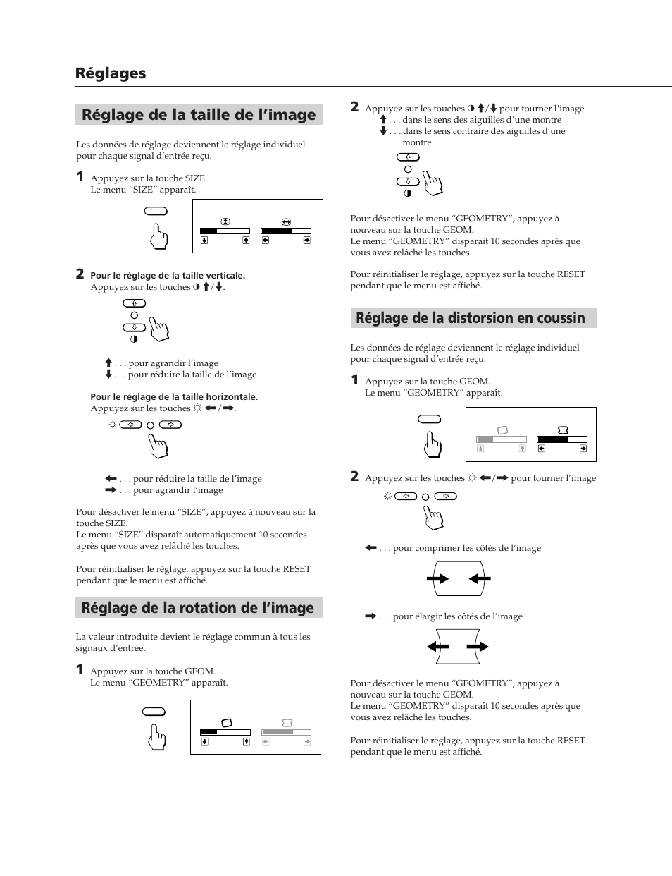 Réglage de la taille de l’image, Réglage de la rotation de l’image, Réglage de la distorsion en coussin | Réglages | Sony CPD-100SFT User Manual | Page 14 / 44