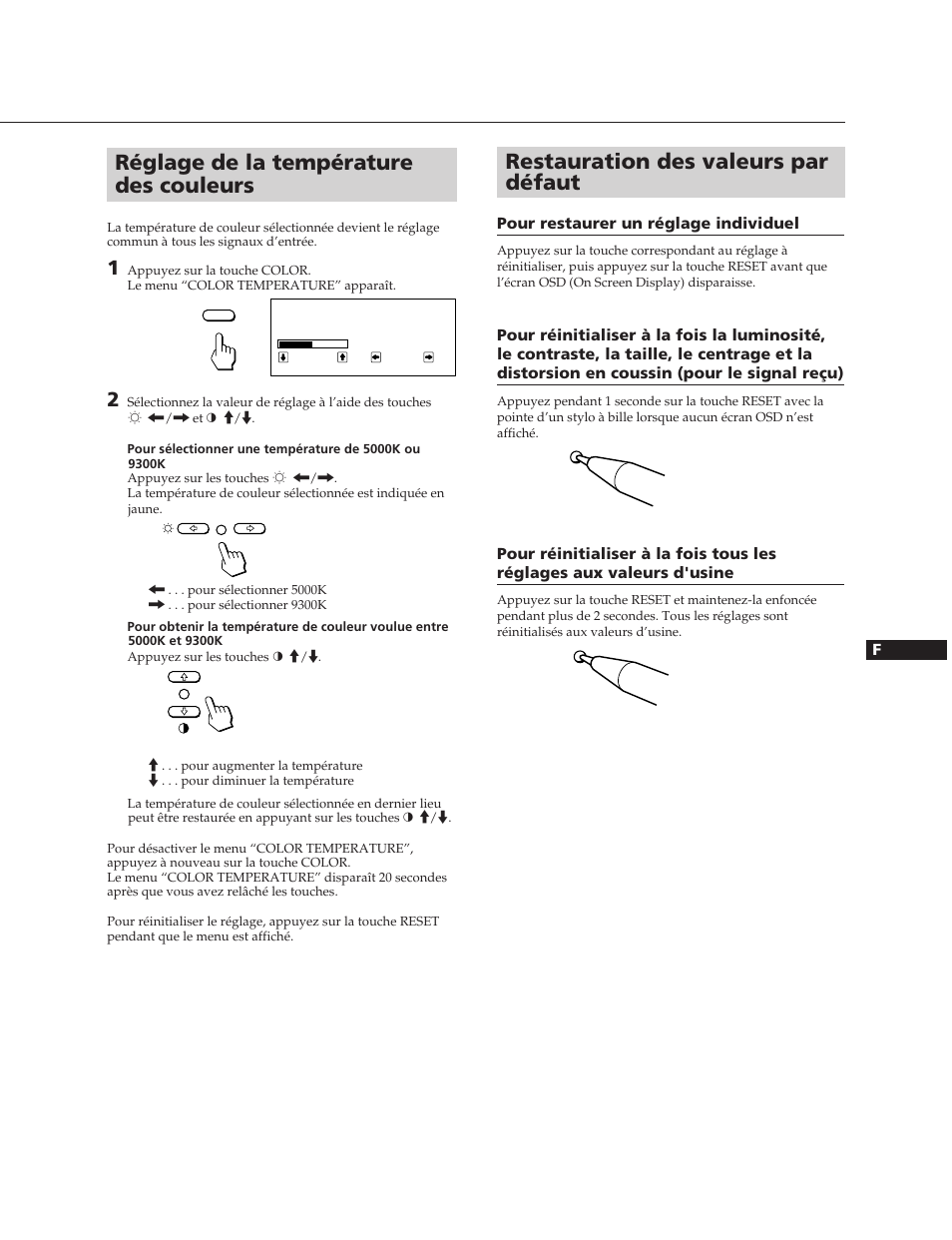 Réglage de la température des couleurs, Restauration des valeurs par défaut | Sony CPD-100SFT User Manual | Page 15 / 44