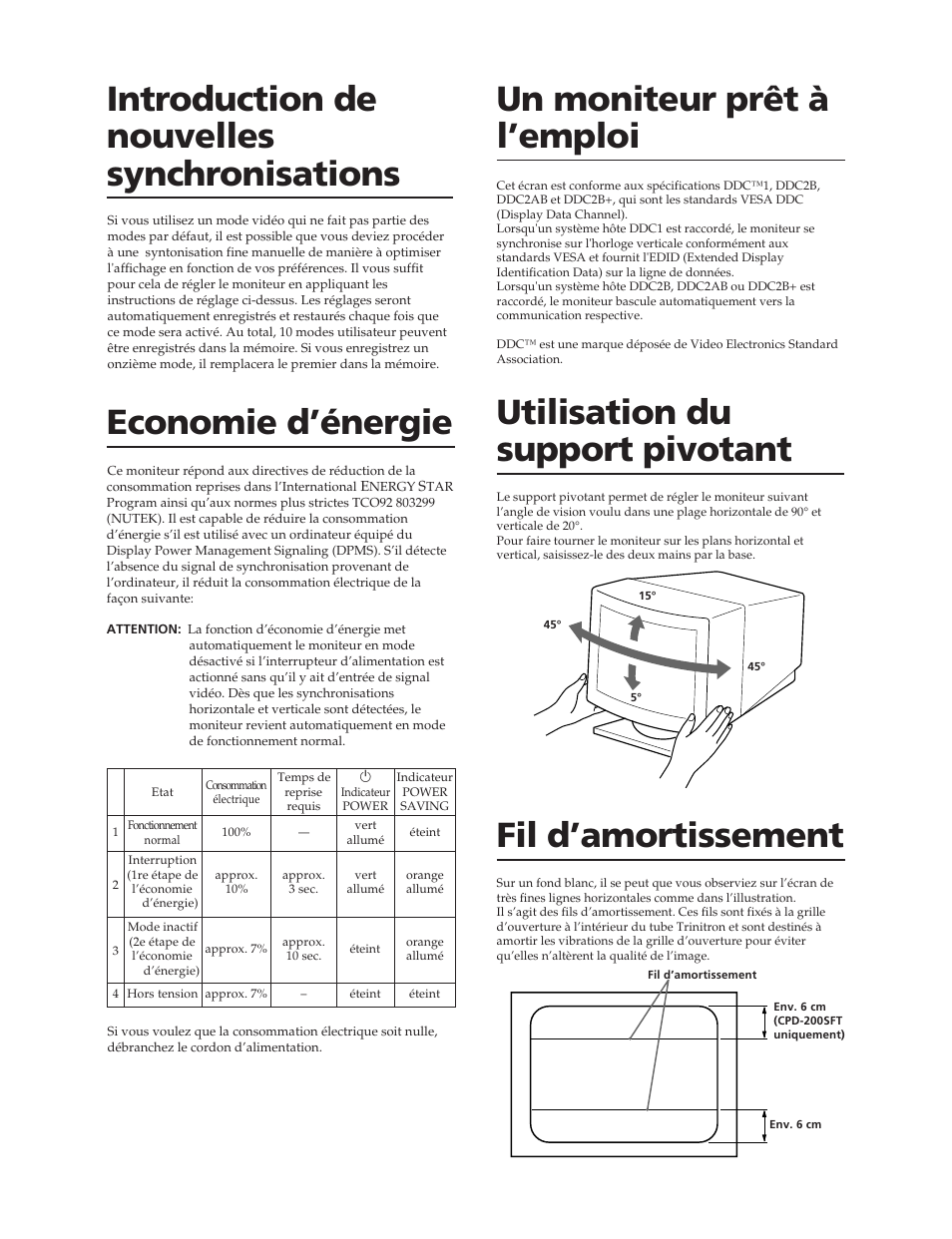 Introduction de nouvelles synchronisations, Un moniteur prêt à l’emploi, Economie d’énergie | Utilisation du support pivotant, Fil d’amortissement | Sony CPD-100SFT User Manual | Page 16 / 44