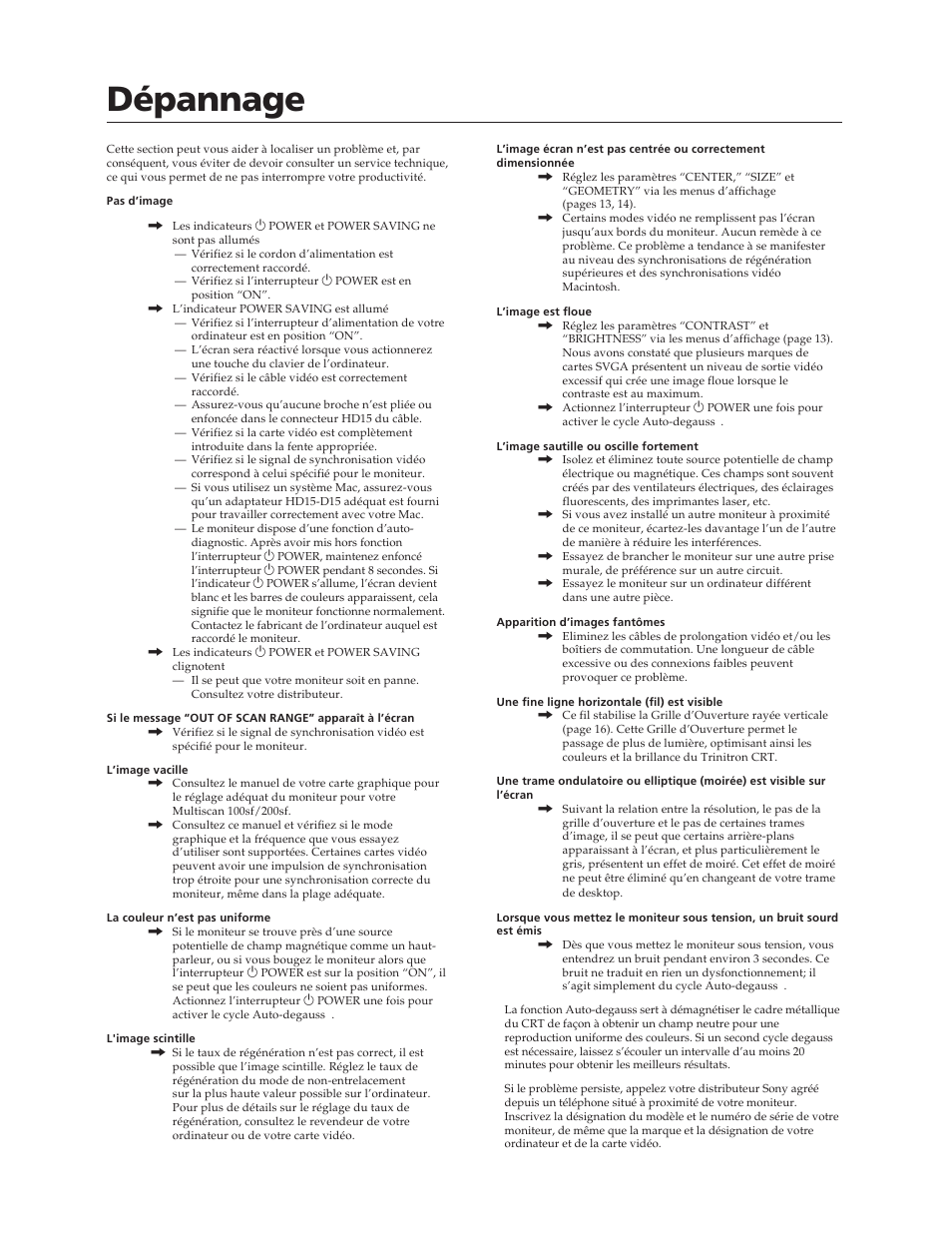 Dépannage | Sony CPD-100SFT User Manual | Page 18 / 44