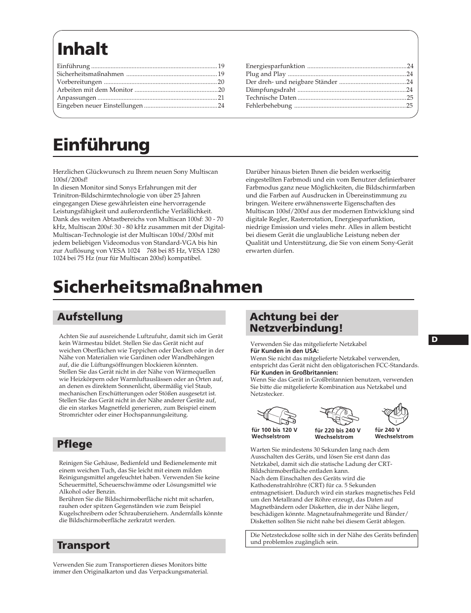 Inhalt einführung, Sicherheitsmaßnahmen, Aufstellung | Achtung bei der netzverbindung, Pflege, Transport | Sony CPD-100SFT User Manual | Page 19 / 44
