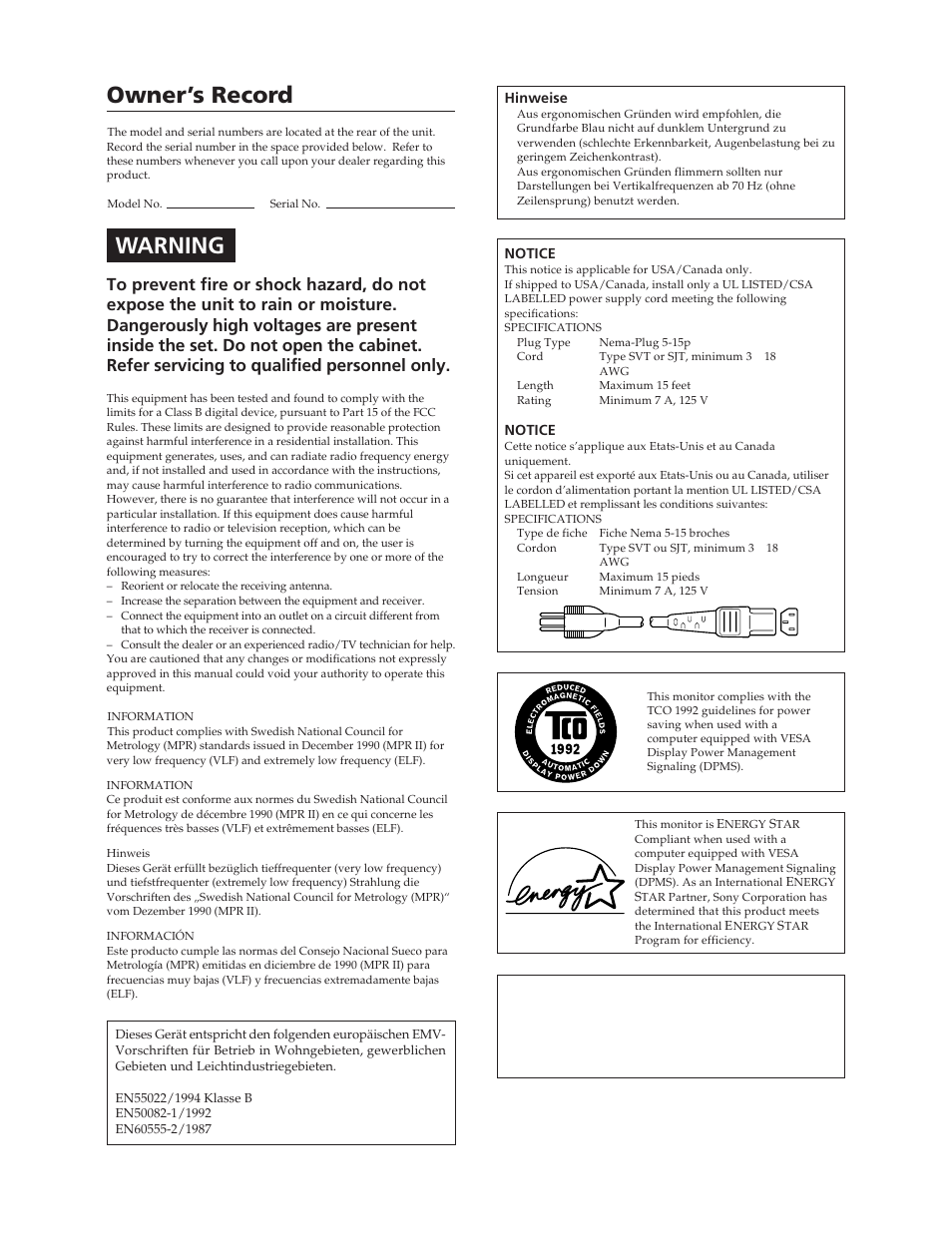 Owner’s record, Warning | Sony CPD-100SFT User Manual | Page 2 / 44