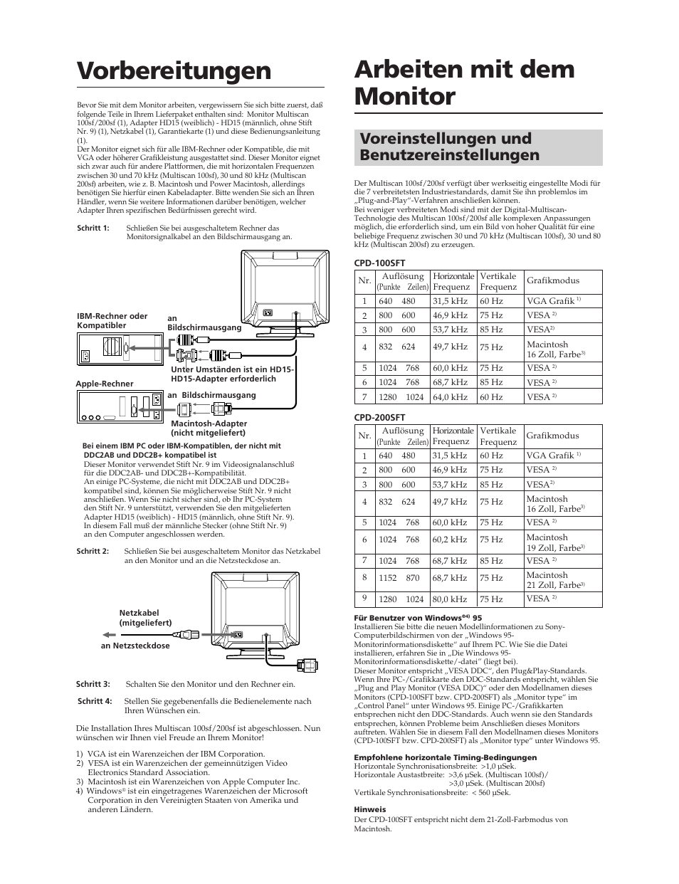 Vorbereitungen arbeiten mit dem monitor, Voreinstellungen und benutzereinstellungen | Sony CPD-100SFT User Manual | Page 20 / 44