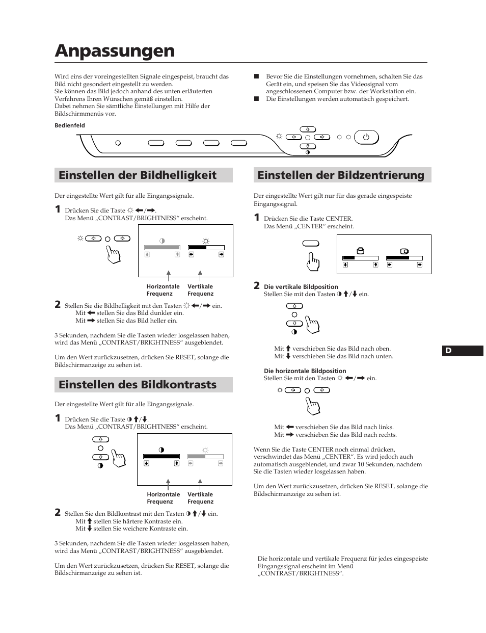 Anpassungen, Einstellen des bildkontrasts, Einstellen der bildhelligkeit | Einstellen der bildzentrierung | Sony CPD-100SFT User Manual | Page 21 / 44