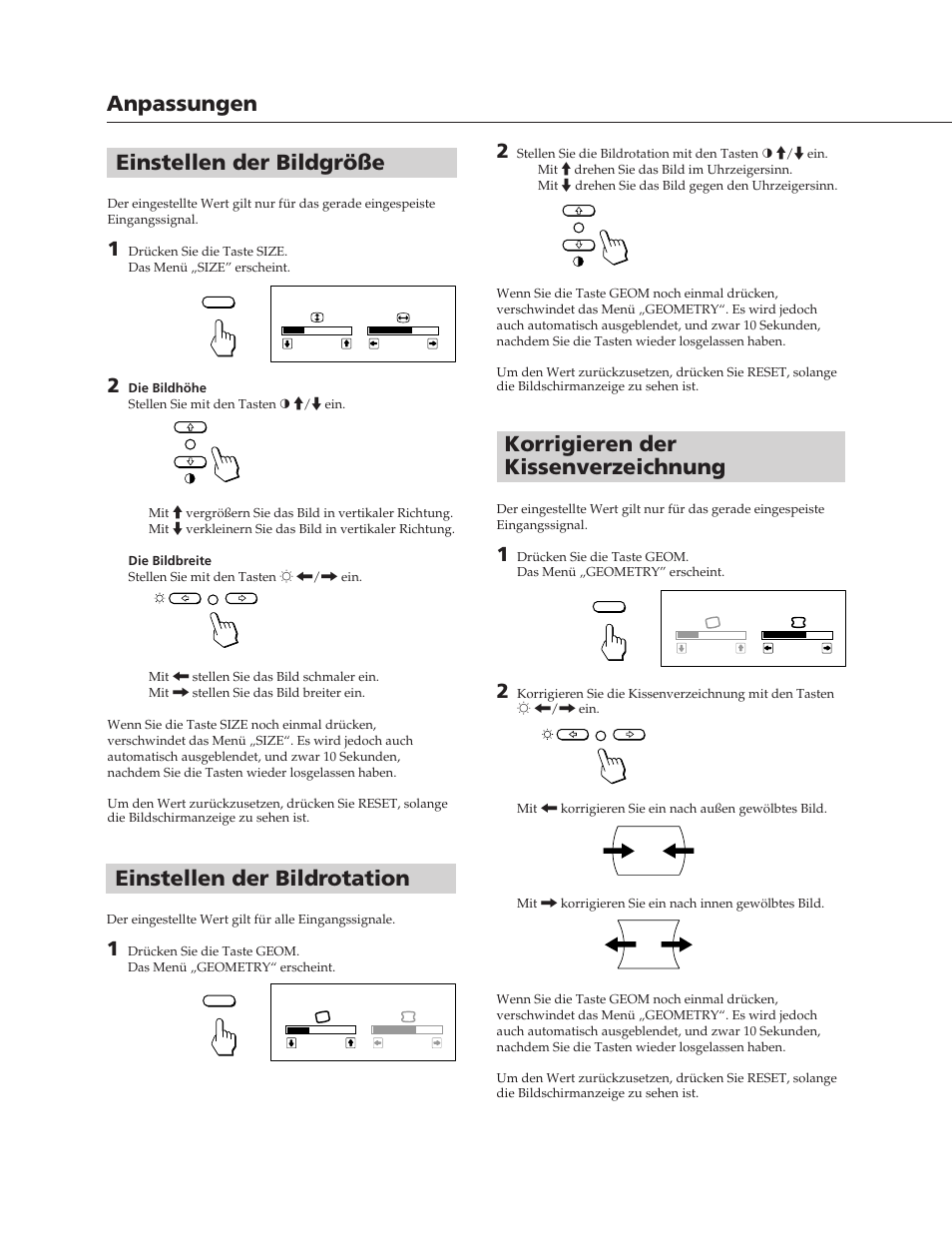 Korrigieren der kissenverzeichnung, Einstellen der bildgröße, Anpassungen | Einstellen der bildrotation | Sony CPD-100SFT User Manual | Page 22 / 44