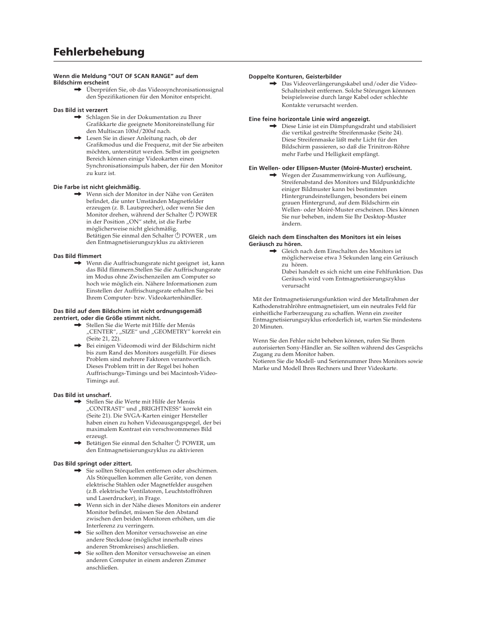 Fehlerbehebung | Sony CPD-100SFT User Manual | Page 26 / 44