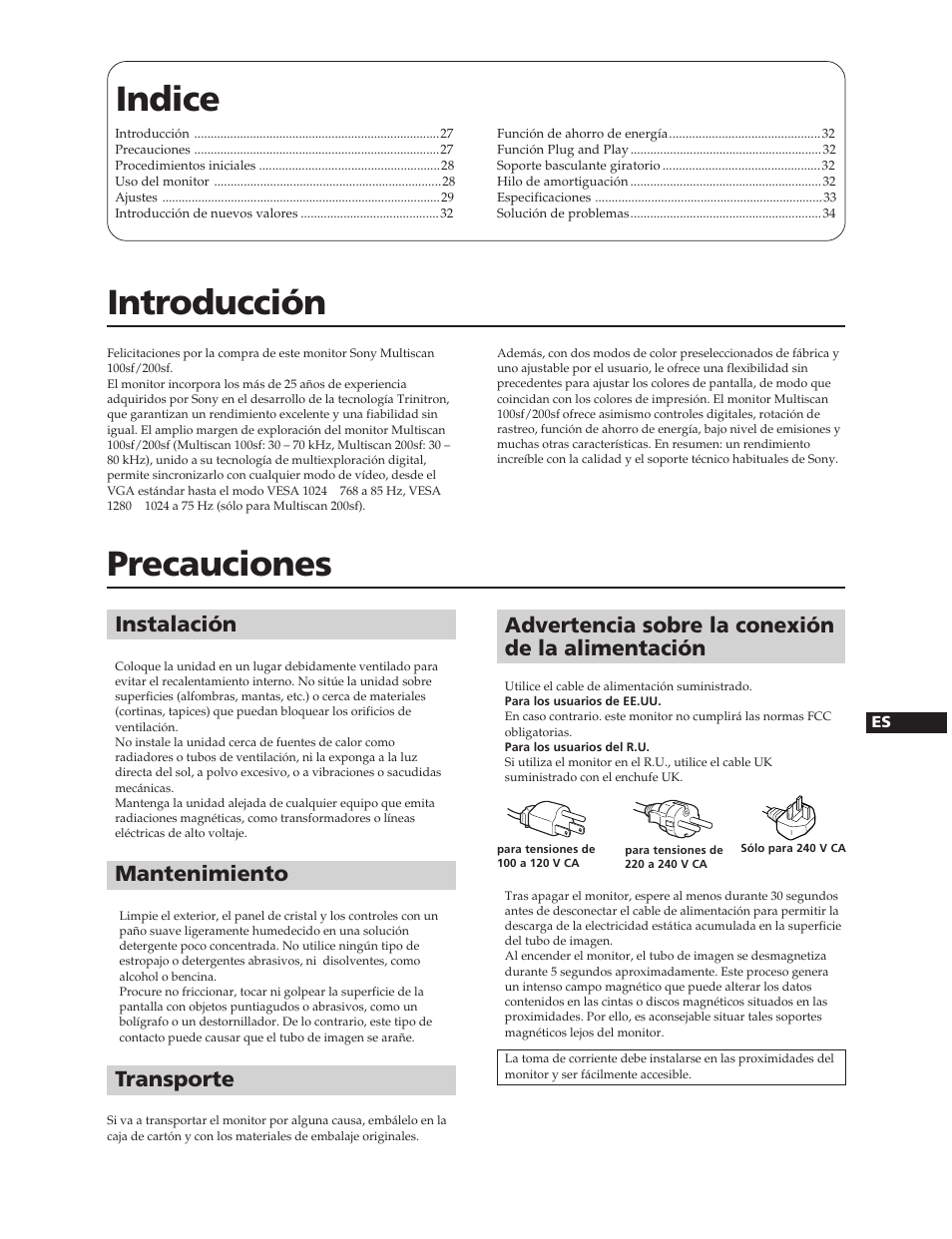 Indice, Introducción, Precauciones | Instalación, Advertencia sobre la conexión de la alimentación, Mantenimiento, Transporte | Sony CPD-100SFT User Manual | Page 27 / 44