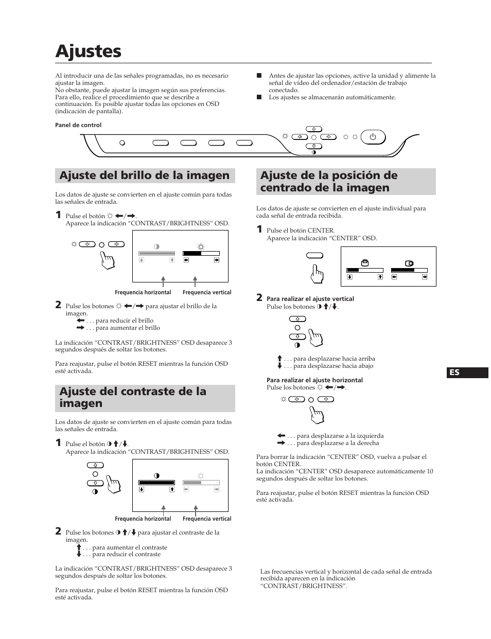 Ajustes, Ajuste de la posición de centrado de la imagen, Ajuste del brillo de la imagen | Ajuste del contraste de la imagen | Sony CPD-100SFT User Manual | Page 29 / 44