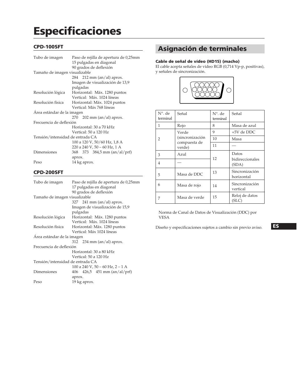 Especificaciones, Asignación de terminales | Sony CPD-100SFT User Manual | Page 33 / 44
