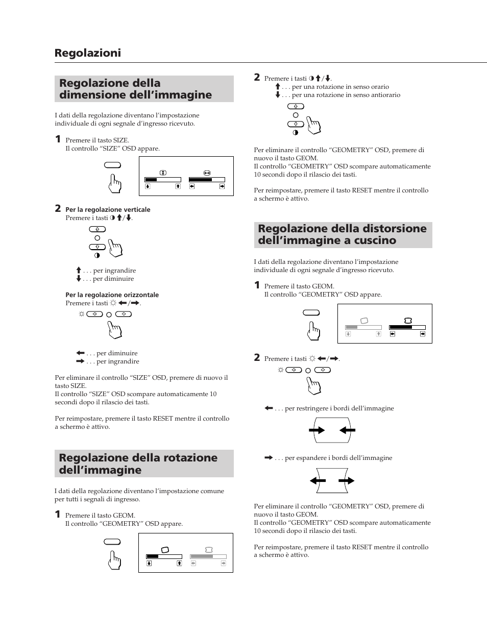 Regolazione della rotazione dell’immagine, Regolazione della dimensione dell’immagine, Regolazioni | Sony CPD-100SFT User Manual | Page 38 / 44