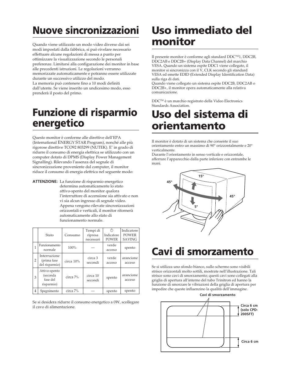 Uso del sistema di orientamento, Cavi di smorzamento | Sony CPD-100SFT User Manual | Page 40 / 44