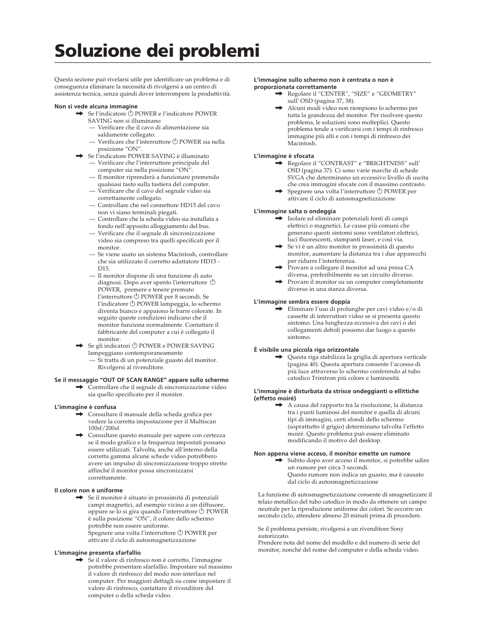 Soluzione dei problemi | Sony CPD-100SFT User Manual | Page 42 / 44