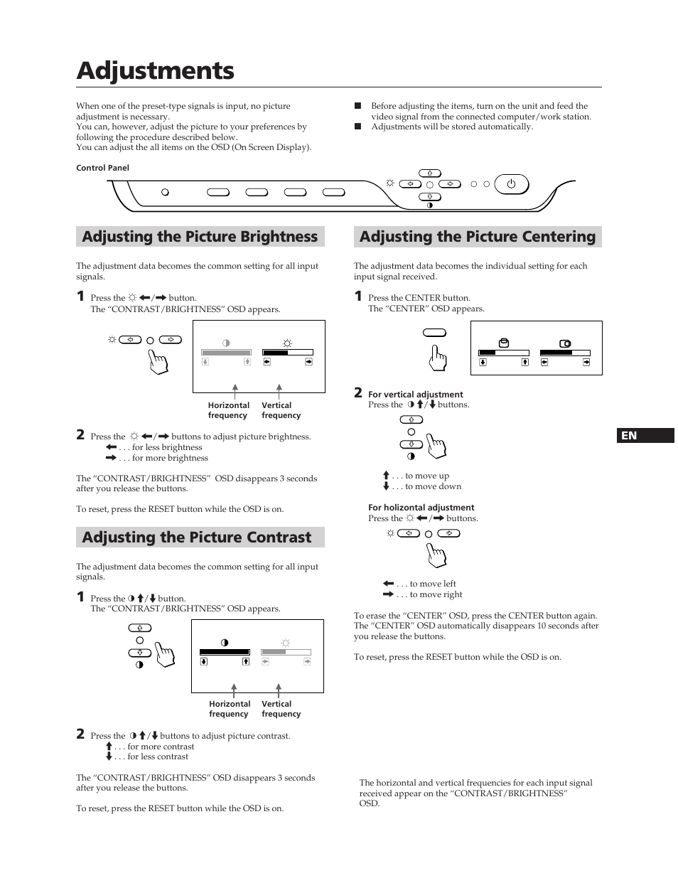 Adjustments, Adjusting the picture centering, Adjusting the picture brightness | Adjusting the picture contrast | Sony CPD-100SFT User Manual | Page 5 / 44