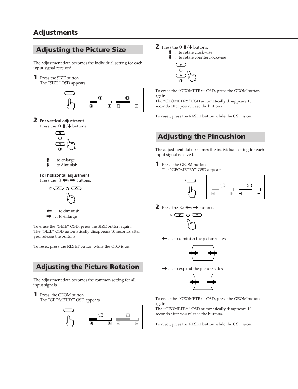 Adjustments, Adjusting the picture size, Adjusting the picture rotation | Adjusting the pincushion | Sony CPD-100SFT User Manual | Page 6 / 44