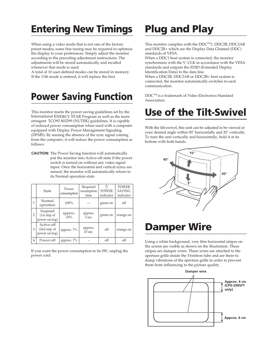 Entering new timings, Power saving function, Plug and play | Use of the tilt-swivel, Damper wire | Sony CPD-100SFT User Manual | Page 8 / 44