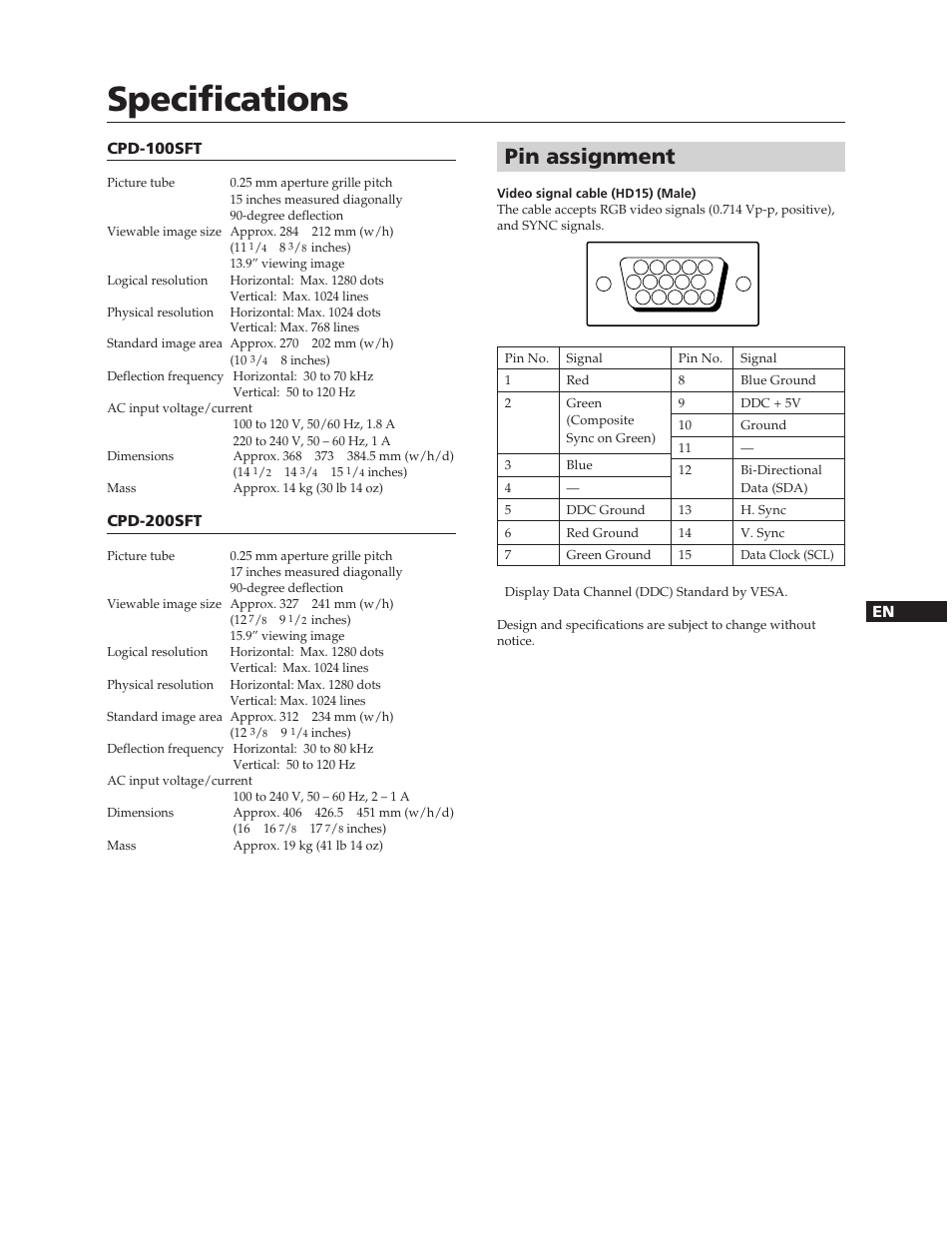 Specifications, Pin assignment | Sony CPD-100SFT User Manual | Page 9 / 44