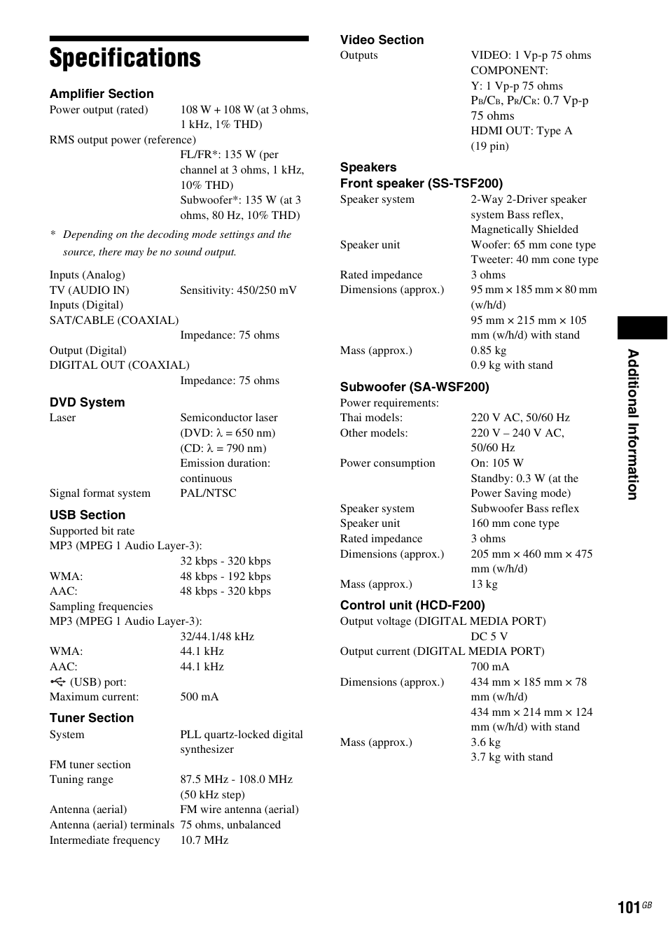 Specifications, Ad dit iona l inf o rma tion | Sony 3-398-069-14(1) User Manual | Page 101 / 115
