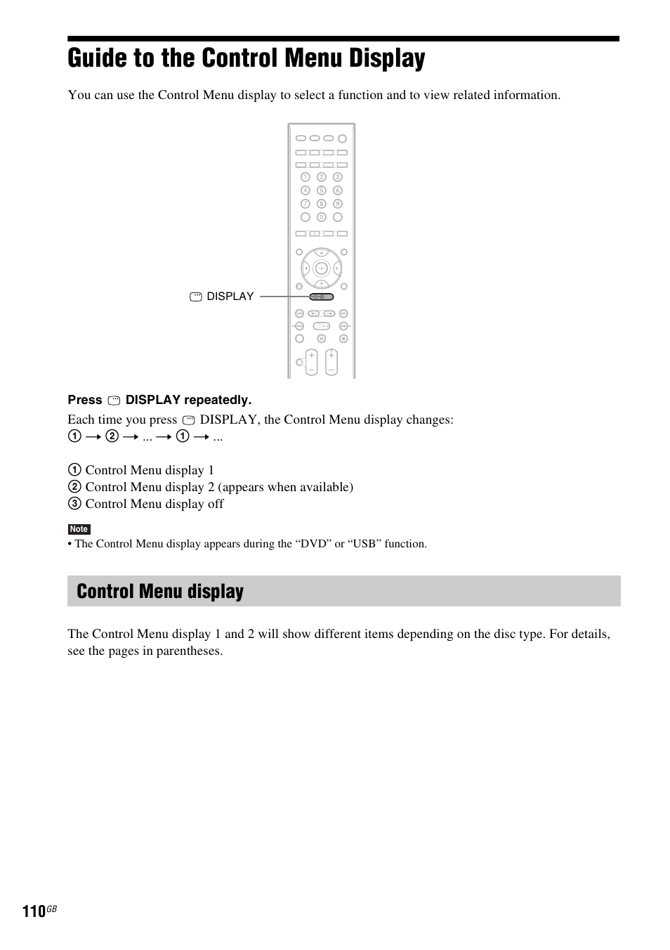 Guide to the control menu display, Control menu display | Sony 3-398-069-14(1) User Manual | Page 110 / 115