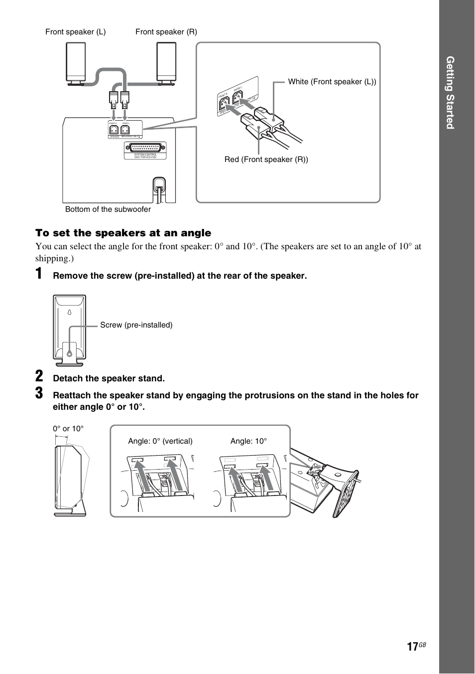Ge tting star te d to set the speakers at an angle, Detach the speaker stand | Sony 3-398-069-14(1) User Manual | Page 17 / 115