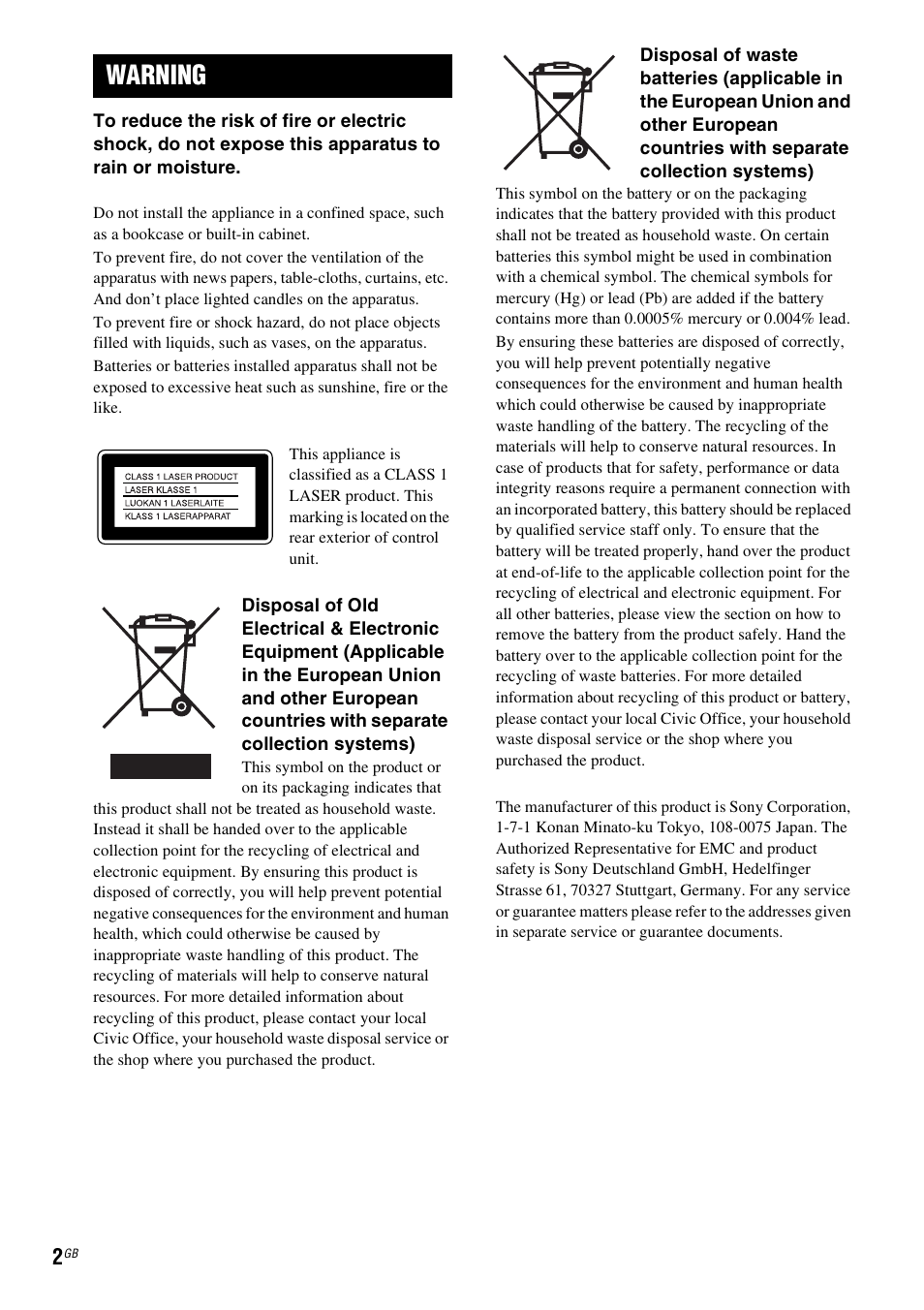 Warning | Sony 3-398-069-14(1) User Manual | Page 2 / 115