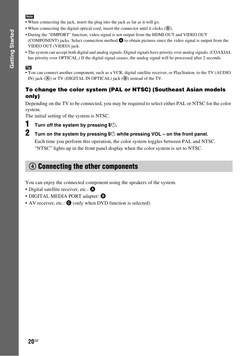 4 connecting the other components, 4connecting the other components | Sony 3-398-069-14(1) User Manual | Page 20 / 115