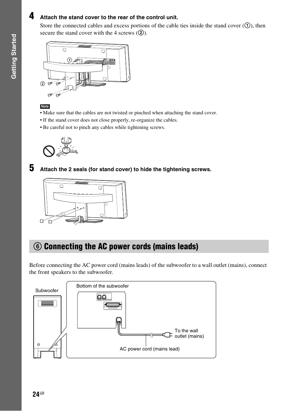 6 connecting the ac power cords (mains leads), 6connecting the ac power cords (mains leads), Gettin g star ted | Sony 3-398-069-14(1) User Manual | Page 24 / 115