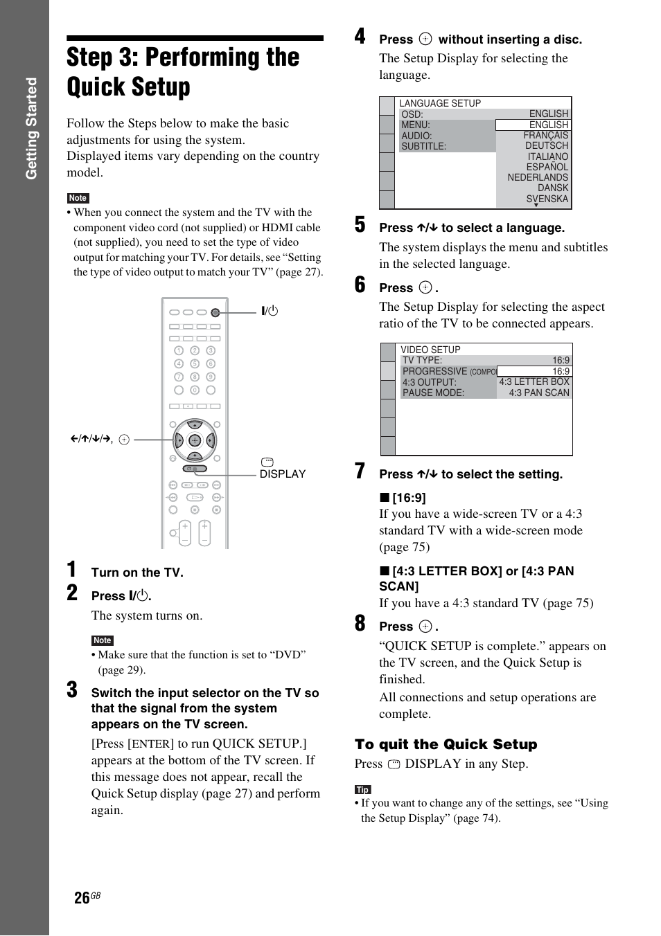 Step 3: performing the quick setup, Step 3: performing the quick, Setup | Sony 3-398-069-14(1) User Manual | Page 26 / 115