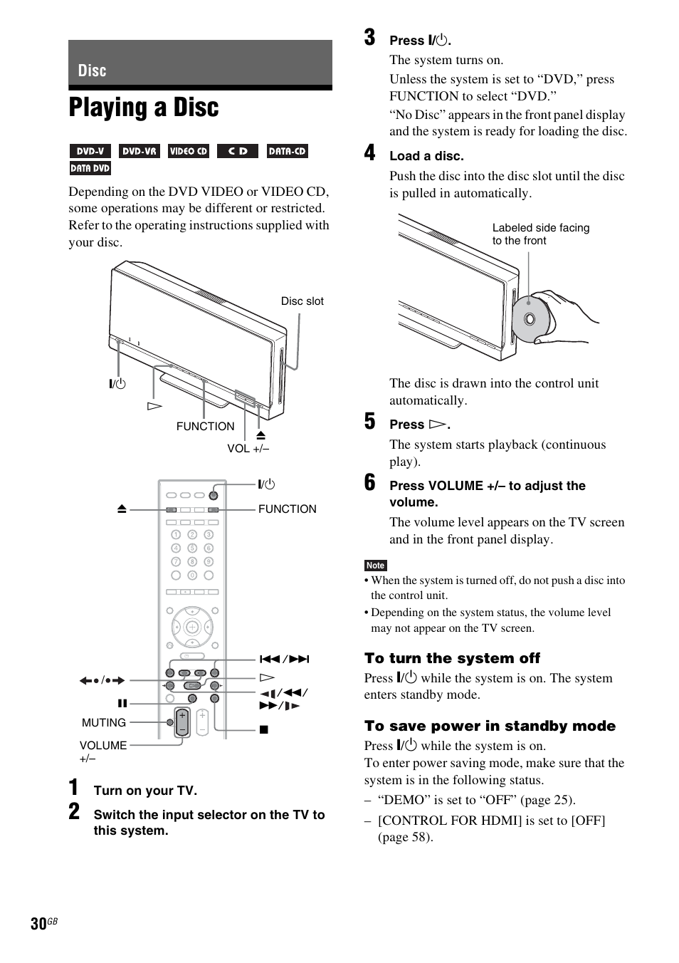 Disc, Playing a disc | Sony 3-398-069-14(1) User Manual | Page 30 / 115
