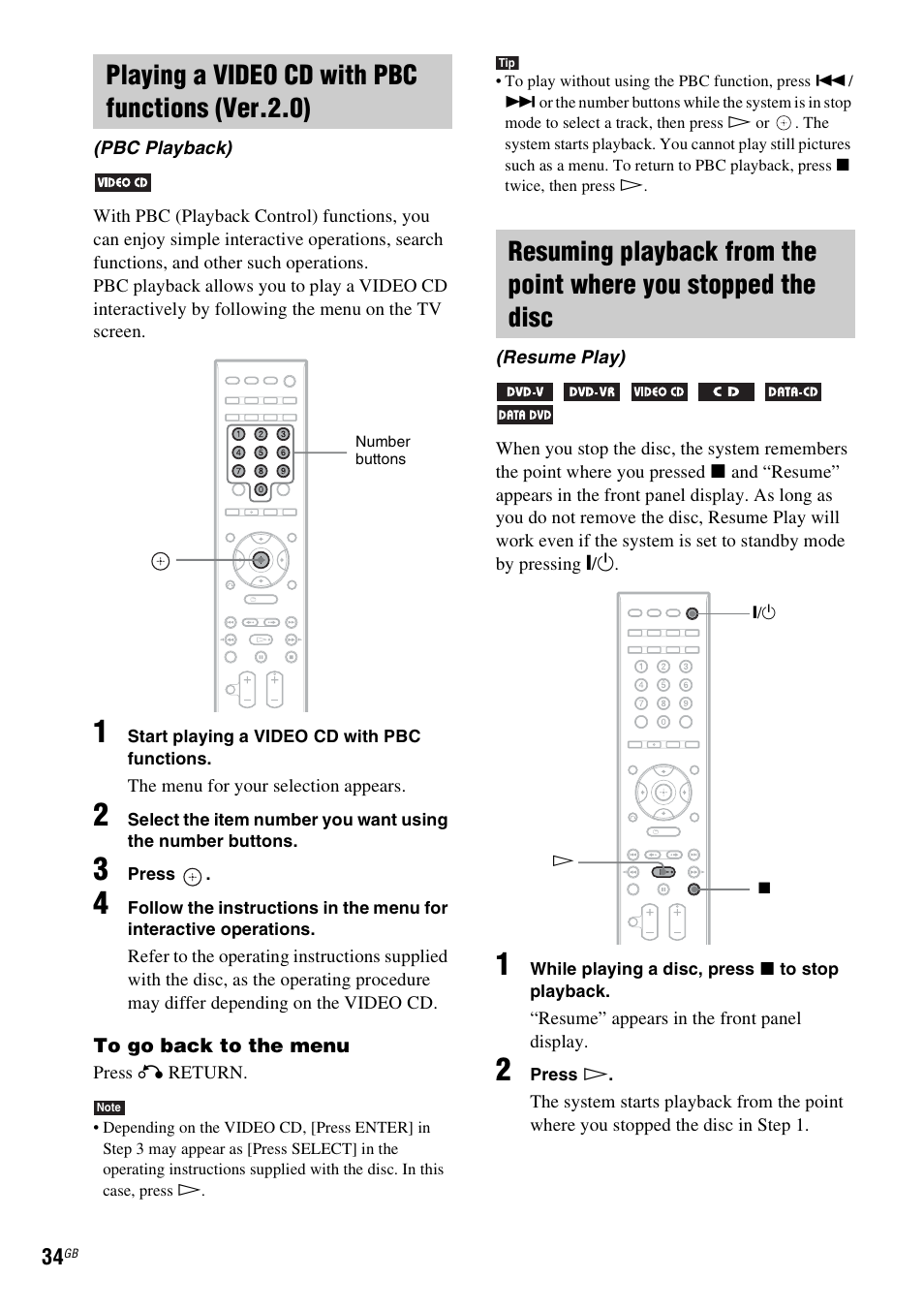 Playing a video cd with pbc functions (ver.2.0) | Sony 3-398-069-14(1) User Manual | Page 34 / 115