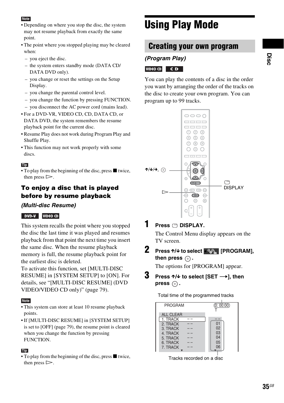 Using play mode, Creating your own program | Sony 3-398-069-14(1) User Manual | Page 35 / 115