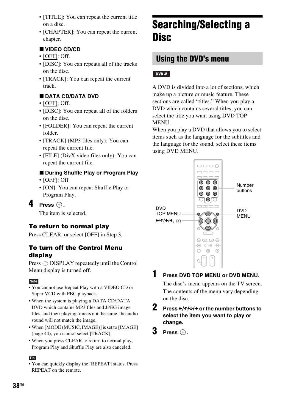Searching/selecting a disc, Using the dvd’s menu | Sony 3-398-069-14(1) User Manual | Page 38 / 115
