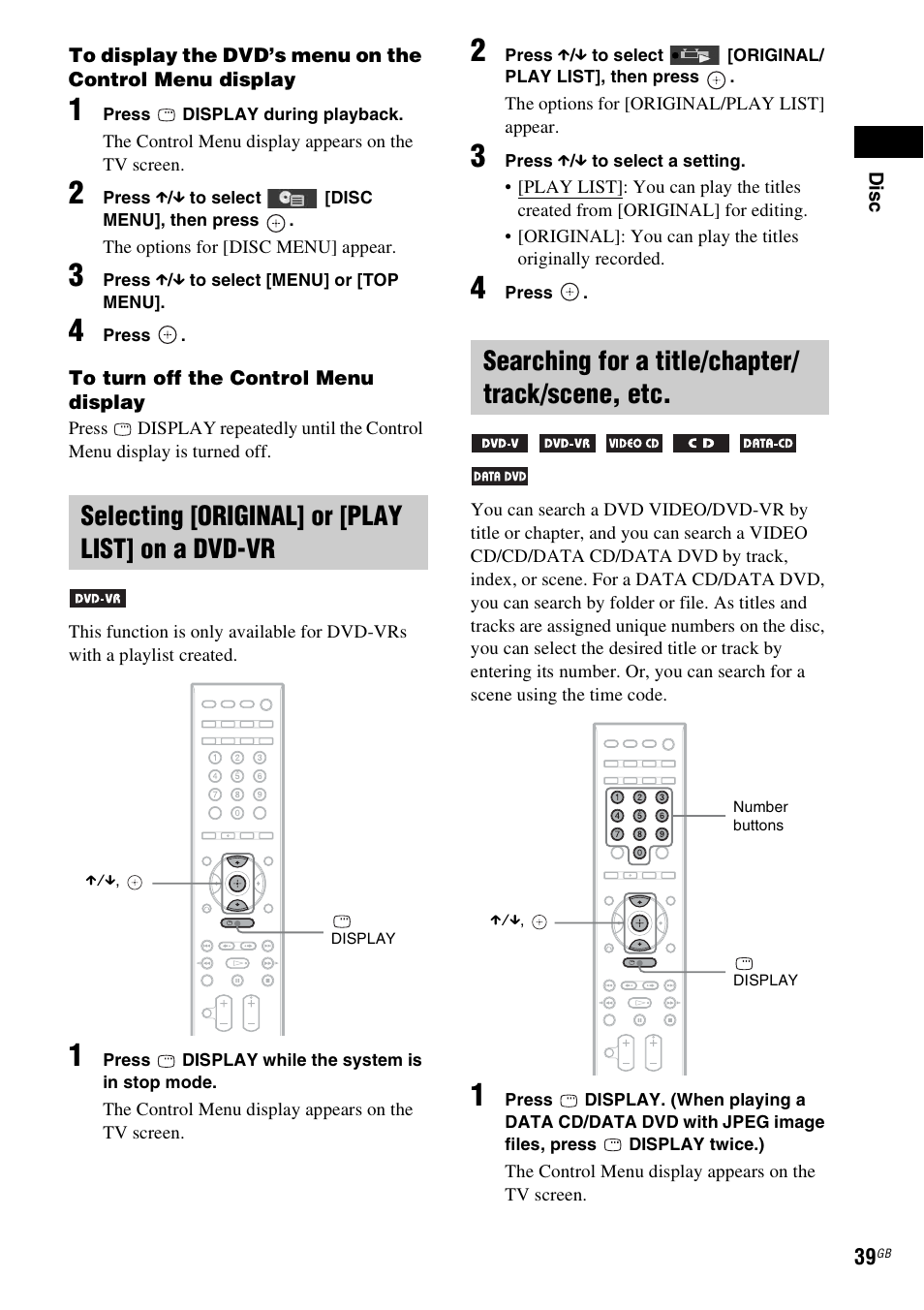 Selecting [original] or [play list] on a dvd-vr, Searching for a title/chapter/ track/scene, etc | Sony 3-398-069-14(1) User Manual | Page 39 / 115