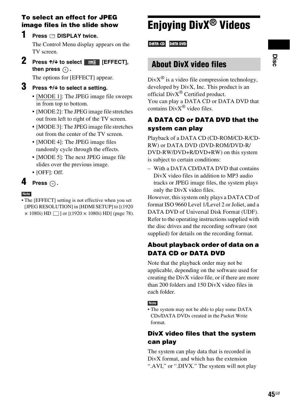 Enjoying divx® videos, About divx video files, Enjoying divx | Videos | Sony 3-398-069-14(1) User Manual | Page 45 / 115