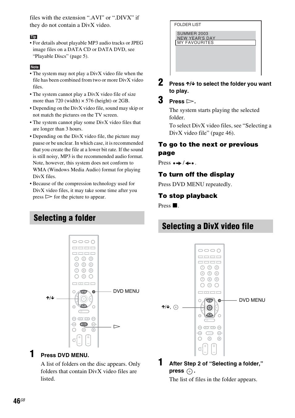Selecting a folder, Selecting a divx video file | Sony 3-398-069-14(1) User Manual | Page 46 / 115