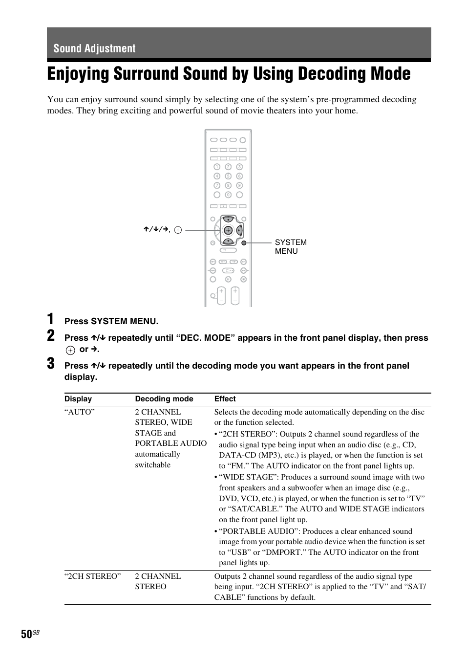 Sound adjustment, Enjoying surround sound by using decoding mode, Enjoying surround sound by using | Decoding mode | Sony 3-398-069-14(1) User Manual | Page 50 / 115