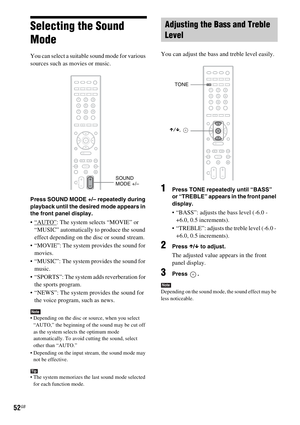 Selecting the sound mode, Adjusting the bass and treble level | Sony 3-398-069-14(1) User Manual | Page 52 / 115